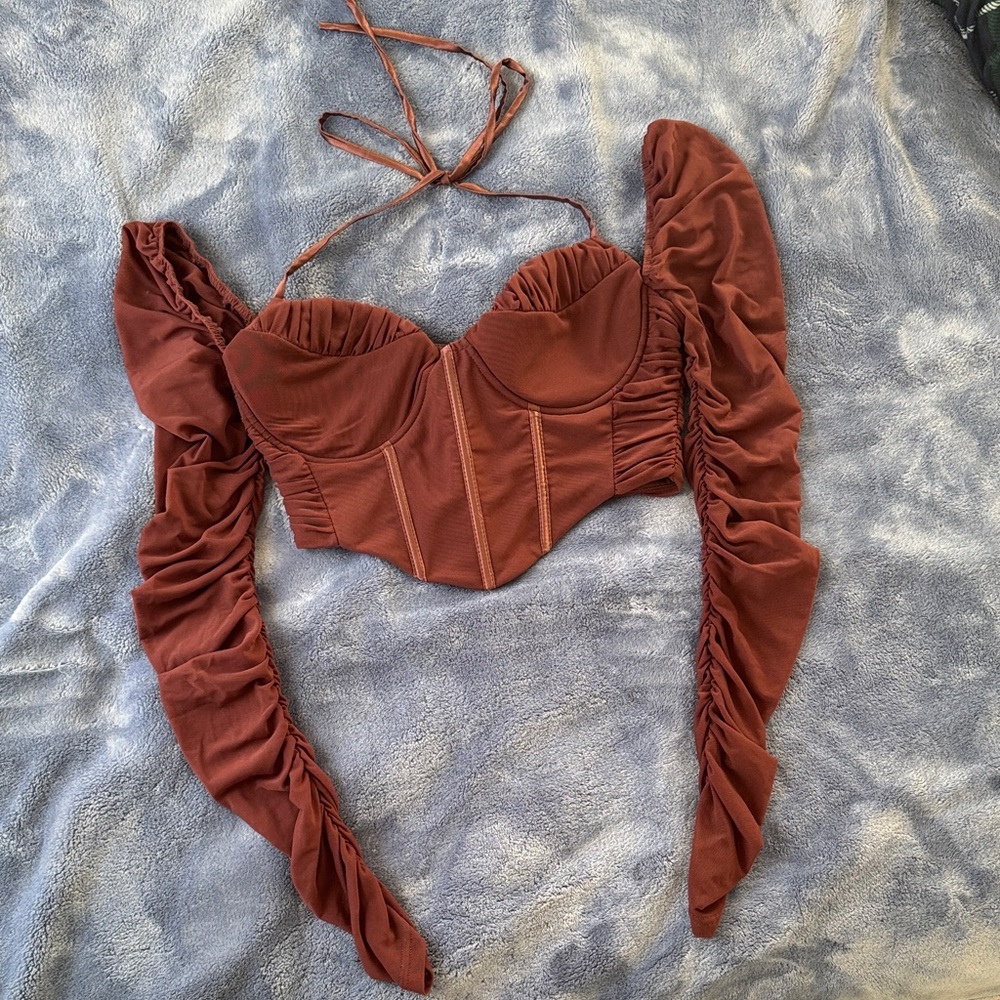 Rust Corset Top with Ruched Sleeves